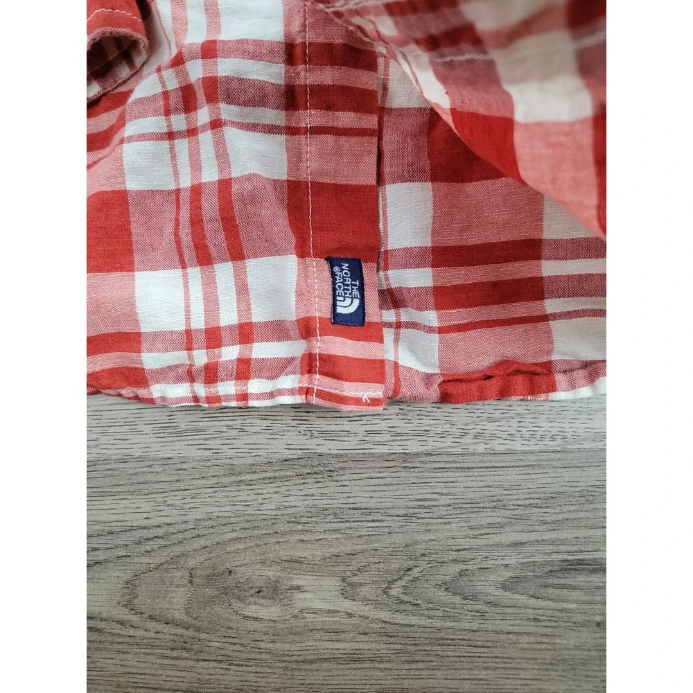 The North Face Linen Blend Button Down Shirt Large Red Plaid Collared Camp Mens